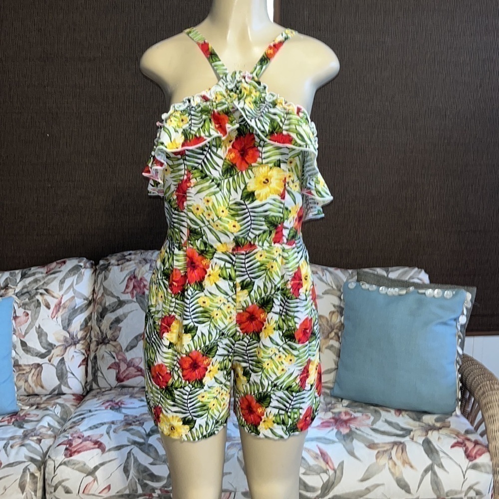XOXO Womens Green Floral Off The Shoulder Ruffle Halter Romper Juniors L - Picture 8 of 12